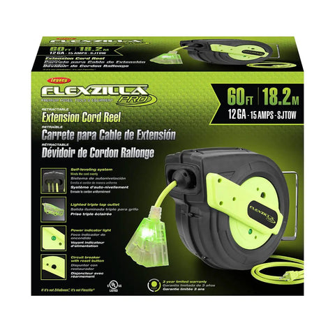Image of Retractable Extension Cord Reel With 60 Foot 12/3 AWG SJTOW Beefy Heavy Duty Cord, Grounded Triple Tap Outlet, Resettable Circuit Breaker, Self Leveling System, ZillaGreen, Oil And Water Resistant For Cold Weather Use, Model FZ8120603 box with product display.