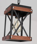 Dope Rustic Farmhouse Pendant Light With Wood And Metal Cage One Light Adjustable Chains Industrial Mini Pendant Ceiling Fixture For Kitchen Island Cafe Bar Black, close-up of bulb and cage design