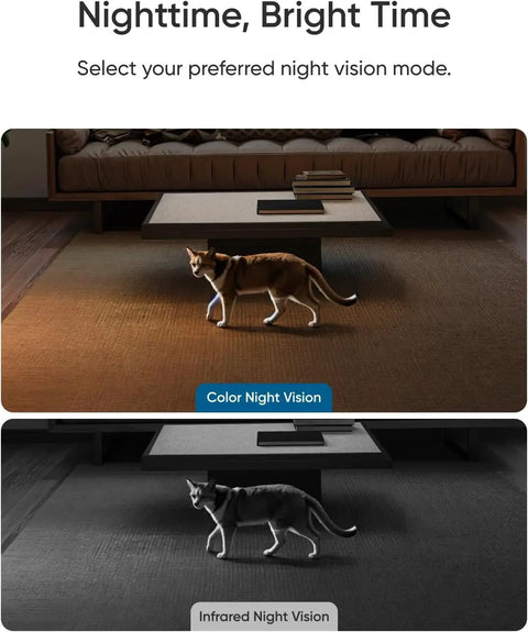 Comparison of color and infrared night vision modes with a cat in a living room, captured by 4K Indoor Security Camera With AI Auto Tracking And Night Vision For Baby And Pet Monitoring.