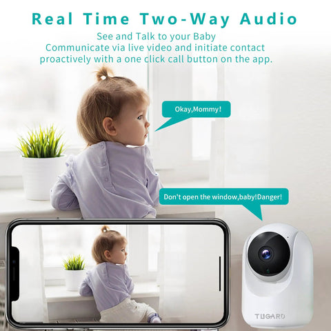 Indoor Wifi Security Camera For Home Base Monitoring Smooth Pan Tilt Coverage And Bright Color Night Vision Keeping Tabs On Babies And Pets At Home Sweet Home featuring real time two-way audio with a child by a window.
