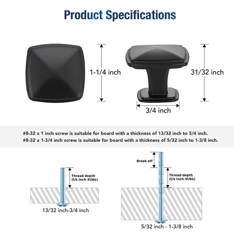 Specifications for 10 Pack Black Square Cabinet Knobs include dimensions and screw compatibility for easy install.