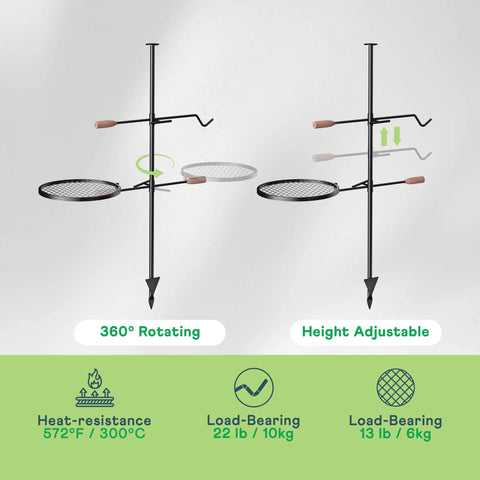 Swivel Campfire Grill Heavy Duty Fire Pit Grate 360 Degree Adjustable Steel Cooking Rack with heat resistance and load-bearing details.