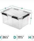 Massive 80 Quart Clear Plastic Storage Bin With Hella Tight Waterproof Seal And Heavy Duty Latches side view showing dimensions 26⅛" W x 19⅜" D x 13" H.
