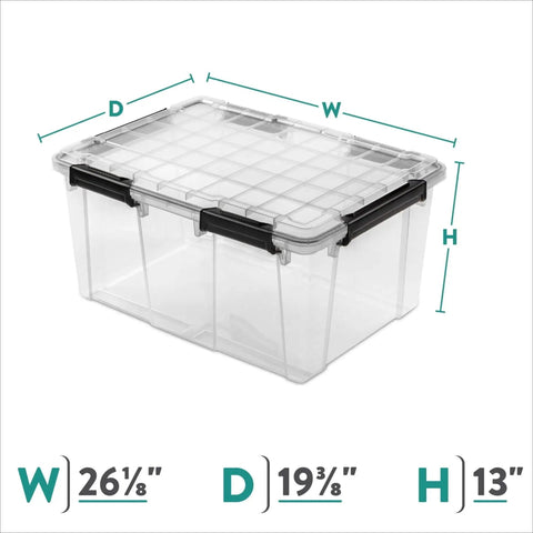Massive 80 Quart Clear Plastic Storage Bin With Hella Tight Waterproof Seal And Heavy Duty Latches side view showing dimensions 26⅛" W x 19⅜" D x 13" H.
