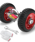 8 Inch Rolling Gate Wheel For Sliding Gates Heavy Duty Casters For Chain Link Gates Metal Fence Or Wooden Gates Durable Auto Tire Rubber And Solid Steel Plate With Galvanized Finish Wear Resistant And Rust Resistant, shown with wrench and gloves