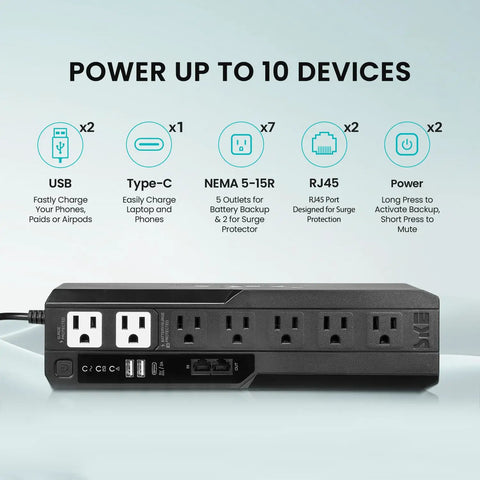 Front view of Seven Outlet UPS Battery Backup And Surge Protector For Computer Router Modem And Home Office Gear with power specifications.