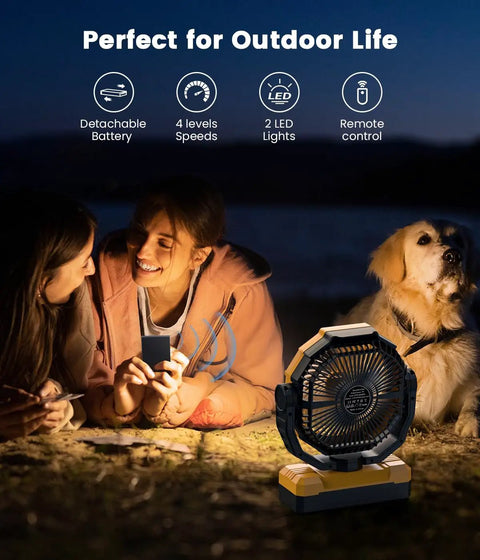 36000mAh Portable Camping Fan With Detachable Batteries Led Light And Remote Four Speeds Rechargeable for outdoor use at night