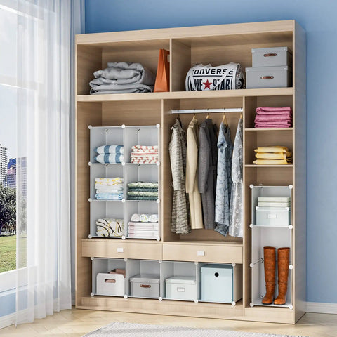 9 Cube White Storage Organizer Set in closet with folded clothes, shoes, and boxes, modular cube shelves for bedroom.