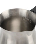 Close-up of a 600ml stainless steel pot with black L-handle, part of the Electric Turkish Coffee Maker 600ml Stainless Steel Pot With L Handle For Home Or Travel Use Durable Espresso Coffee And Tea Brewer Built For Quick Brew Easy Pour And Everyday Enjoyment