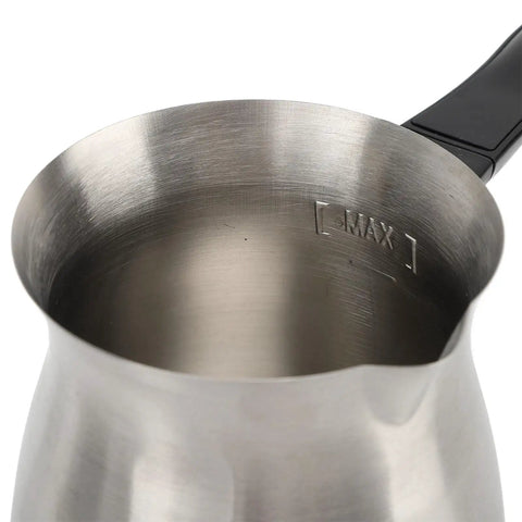 Close-up of stainless steel pot on Electric Turkish Coffee And Tea Maker 600ml Capacity 600W with anti-scald handle.