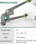 Heavy Duty Three In One Tubing Bender For HVAC Techs, 14 inch tool bending 1/4, 3/8, and 1/2 inch pipes up to 180 degrees.