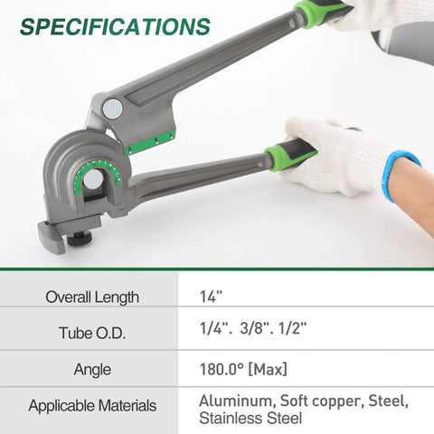 Heavy Duty Three In One Tubing Bender For HVAC Techs, 14 inch tool bending 1/4, 3/8, and 1/2 inch pipes up to 180 degrees.