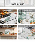 Sage Green Pumpkin Dish Drying Mat For Kitchen Counter Absorbent Microfiber Surface With Wood Grain Leaves Autumn Decor 16 By 18 Inches Machine Washable, showcasing easy storage, absorption, quick drying, and cleaning features.