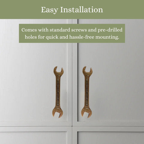Antique Metal Wrench Drawer Pull For Cabinets And Tool Chests featured on light grey cabinet doors