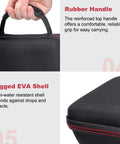 Close-up of Road Ready Tough EVA Case for Focusrite Scarlett with rubber handle and rugged shell, highlighting shockproof features.