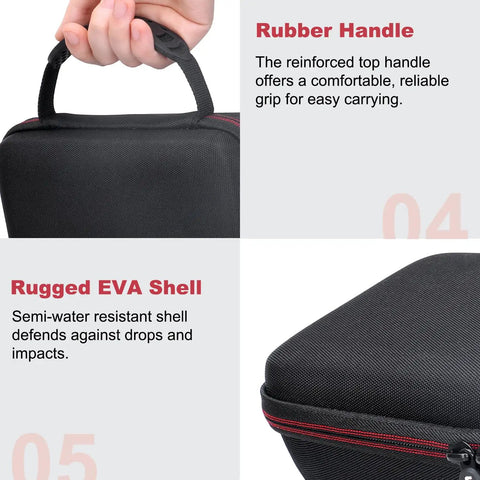 Close-up of Road Ready Tough EVA Case for Focusrite Scarlett with rubber handle and rugged shell, highlighting shockproof features.