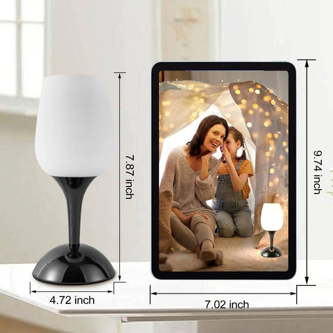Set of 2 Space Saving Small Touch Bedside Table Lamps, 3 Way Dimmable With White Opal Glass Shades, shown with dimensions