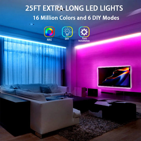 Living room with 25 Foot RGB LED Strip Lights Kit With 44 Key Remote And 12V Power Supply Color Changing Vibe Lighting