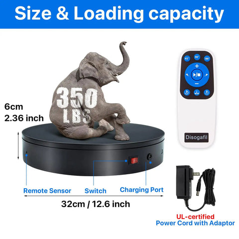 Heavy Duty Motorized Electric Turntable For Photography, 12.6 Inch display base with elephant sculpture, 350 lbs capacity.