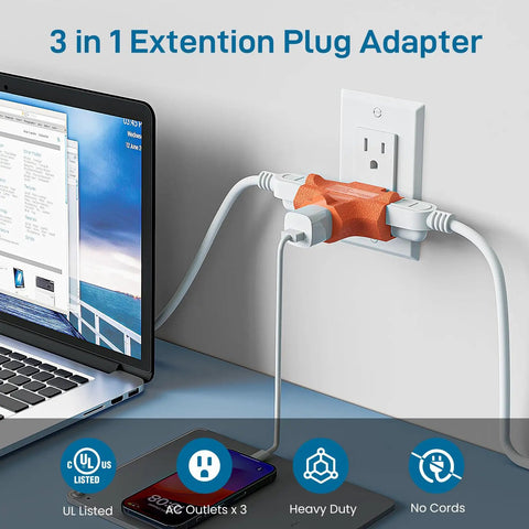 Three Outlet Grounding Power Tap Extender With UL Listed Safety Built Tough Indoor Plug Splitter Turns One Wall Outlet Into Three T Shaped Design 15 Amp 125 Volt 1875 Watt Capacity Orange Three Pack