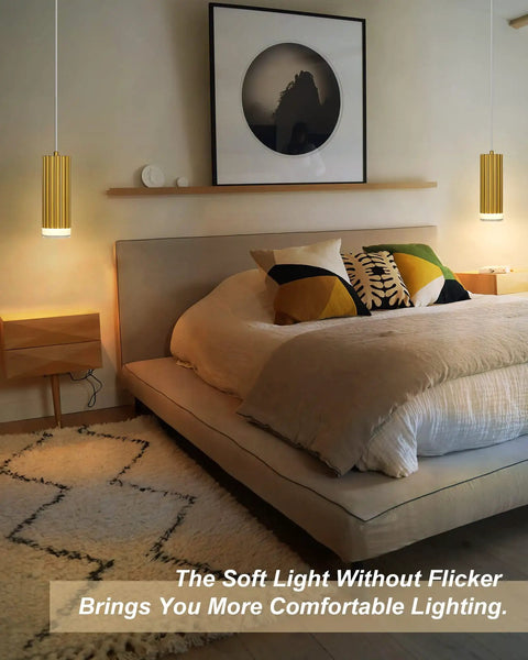 LED Pendant Light Fixtures Gold Cylindrical Pendant Lights for Kitchen Island Modern Living Areas Entryway Dining Room Bedroom 3 Pack Aluminum Alloy Body With Acrylic Shade illuminating a bedroom.