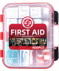400 Piece First Aid Kit With Dual Layer Wall Mount Case showing transparent lid and contents for emergencies in various settings