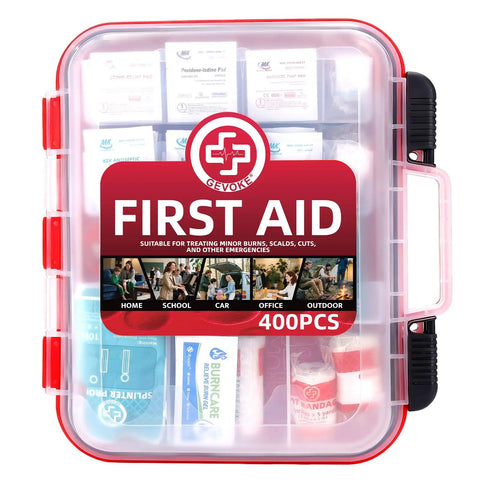 400 Piece First Aid Kit With Dual Layer Wall Mount Case showing transparent lid and contents for emergencies in various settings
