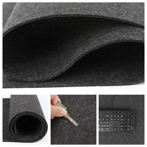 Massive 40x16 Inch Felt Desk Mat Non Slip Keyboard And Mouse Pad for Office Desk in detailed views, showing felt material and use