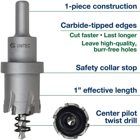Built Tough Tungsten Carbide Tipped Hole Saw 1 7/16 Inch Diameter By 1 Inch Depth For Hand Held Drills Cuts Steel Plate Up To 3/8 Inch Thick Fast Clean Holes High Speed Use 3/8 Inch Shank On Smaller Diameters