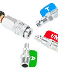 Heavy Hitter Air Compressor Hose Three Eighth By Fifty Feet Hybrid Line connectors with various quick couplers for shop tasks.