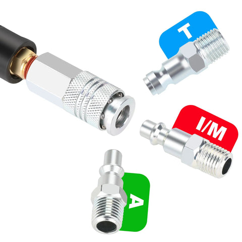 Heavy Hitter Air Compressor Hose Three Eighth By Fifty Feet Hybrid Line connectors with various quick couplers for shop tasks.