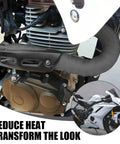 Motorcycle engine with black fiberglass Exhaust Wrap Heat Shield Roll 2 Inch By 16 Foot for exhaust pipes, close-up view