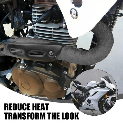 Motorcycle engine with black fiberglass Exhaust Wrap Heat Shield Roll 2 Inch By 16 Foot for exhaust pipes, close-up view
