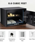 Biometric Safe Box With Fingerprint Lock And Electronic Keypad, Removable Shelf For Valuables Jewelry And Documents, 0.6 Cu Ft Capacity SF002 open showing contents and dimensions
