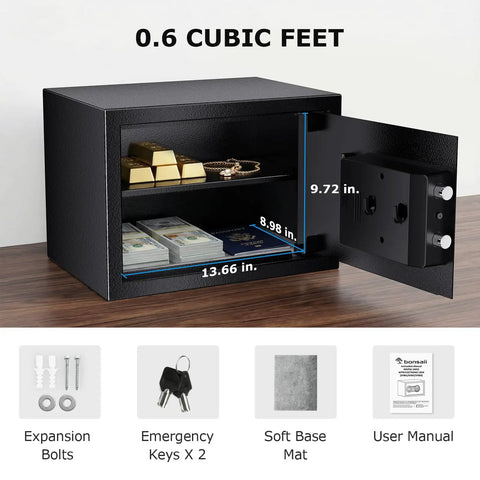 Biometric Safe Box With Fingerprint Lock And Electronic Keypad, Removable Shelf For Valuables Jewelry And Documents, 0.6 Cu Ft Capacity SF002 open showing contents and dimensions