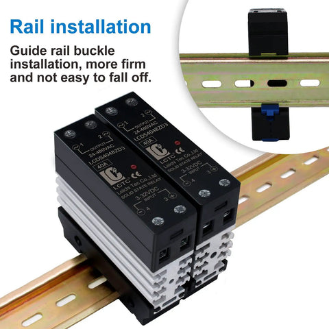 DIN Rail Solid State Relay With Built In Heatsink For Easy Box Install mounted on a rail, showing compact width and rail clips.