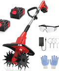 Cordless Tiller Cultivator With 360 RPM 9 Inch Wide Electric Garden Tiller And 8000mAh Battery Powered Mini Cultivator, 48 Steel Tines, Beast Mode Portable Rotary Garden Tool With Dual 4.0Ah Batteries Included with accessories and gloves.