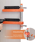 Drawer Slide Jig For Cabinets And Drawers With Laser Engraved Double Scale Markings Precision Tool For Fast And Accurate Installations Perfect For DIYers And Pros Keeps Cabinet Slides Aligned And Installations On Point, shown in use fixing cabinet slides with a drill.