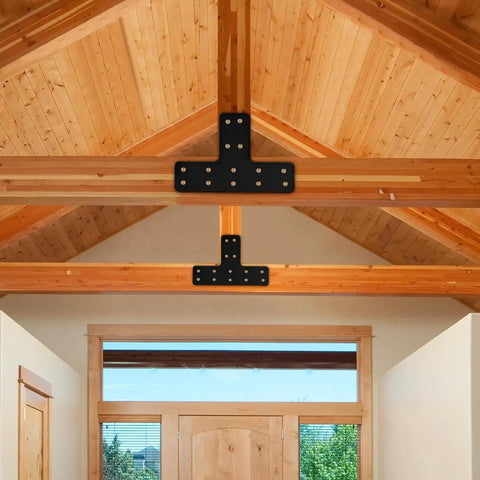 Heavy Duty T Post Brackets And Flat Mending Plates For Fence Posts And Pergola Truss Framing With 56 Screws And Sockets Built Tough Steel Connectors In Classic Black Four Piece Kit shown on wooden beams.