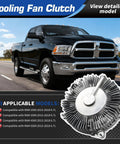 Heavy Duty Radiator Fan Clutch For Ram 2500 3500 4500 5500 6.7L Diesel 2013 2018 shown with a Ram truck in motion.