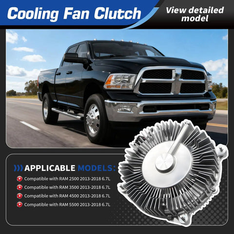 Heavy Duty Radiator Fan Clutch For Ram 2500 3500 4500 5500 6.7L Diesel 2013 2018 shown with a Ram truck in motion.