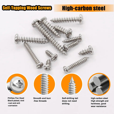 Self Tapping Screws Kit For Metal 1095 Piece Assortment In 410 Stainless Oxide Finish with Phillips Pan Head screws shown