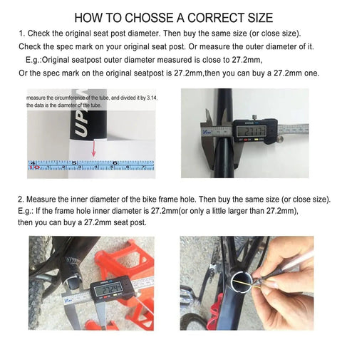 Guide to choosing Aluminum Bike Seat Post 13.8 Inch 350mm With Micro Adjust Clamp size, featuring measurement tips.