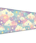 Dope Colorful Cloud and Star Desk Mat in Watercolor Pink Extended Large Mouse Pad for Keyboard and Laptop Perfect for Work Gaming Office and Home Anti Slip Rubber Base Ultra Big XL Desk Pad for Busy Desks, showing pastel clouds and stars pattern.