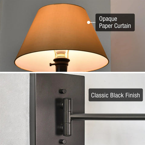 Close-up of 15 Inch Dope Modern Swing Arm Wall Sconce with Opaque Empire Shade and Black Finish, detail of paper curtain and fixture