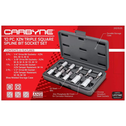 Pro Grade 10 Piece XZN Triple Square Socket Set M4 To M18 in S2 CrV Steel with durable storage case, displayed in packaging.