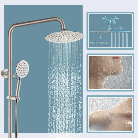 Outdoor Shower Setup Kit In 304 Stainless Steel With Brushed Nickel Finish 8 Inch Rain Shower Head High Pressure Hand Spray