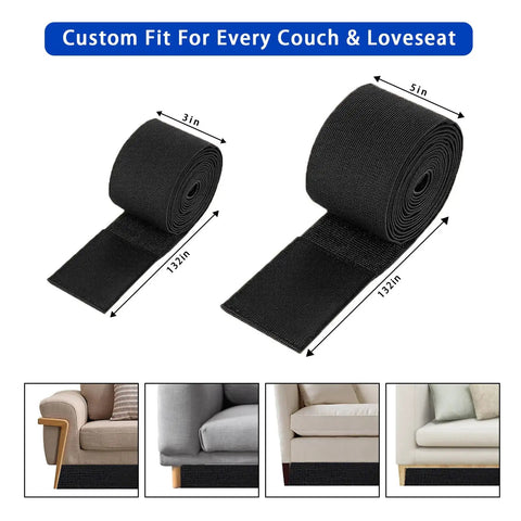 Adjustable Under Couch Blocker With Hella Secure Elastic Strap blocks toys, shown in black rolls, 3in and 5in widths, designed for sofas.
