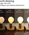 Dimmable LED Edison Globe Light Bulbs 2700K Warm White, 5W showing brightness levels at 10%, 50%, 75%, and 100% on a wooden base.