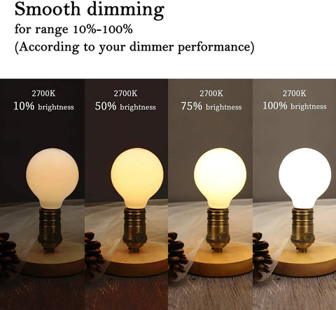 Dimmable LED Edison Globe Light Bulbs 2700K Warm White, 5W showing brightness levels at 10%, 50%, 75%, and 100% on a wooden base.
